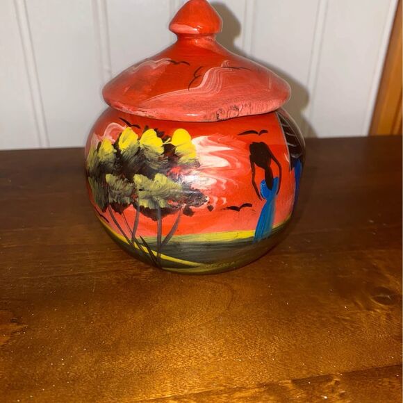 *$5* Hand Painted Lidded Jar African Art Decor Pot Container Red‎ Black - Picture 1 of 4